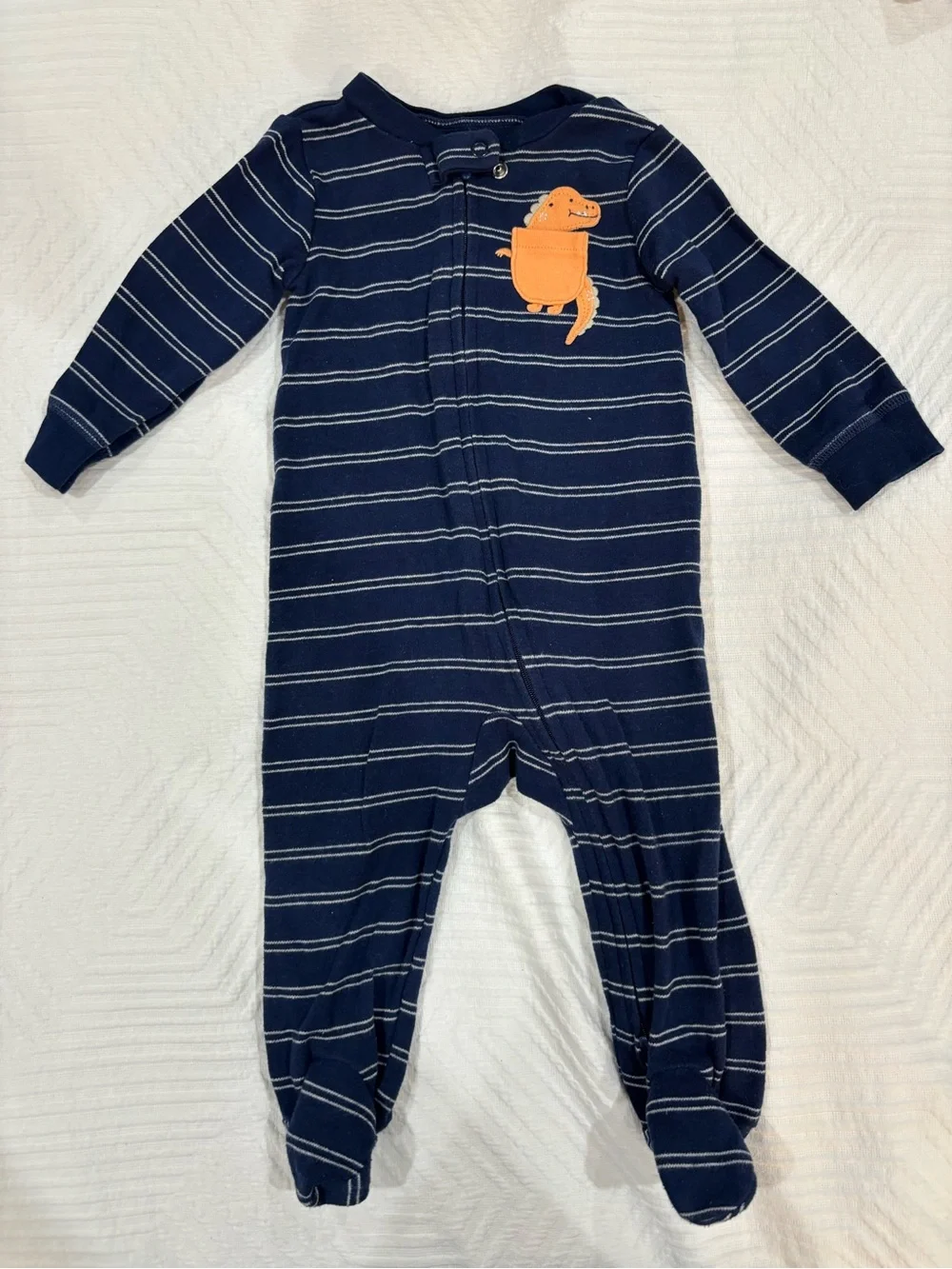 Carter's Navy Striped Footed One-Piece with Orange Dino Pocket